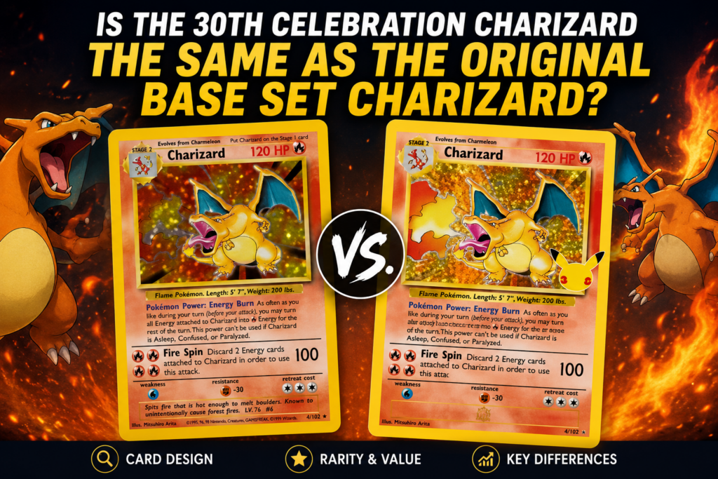 Is the 30th Celebration Charizard the same as the original 1999 Base Set card Here's exactly what's different — and what it means for your collection.